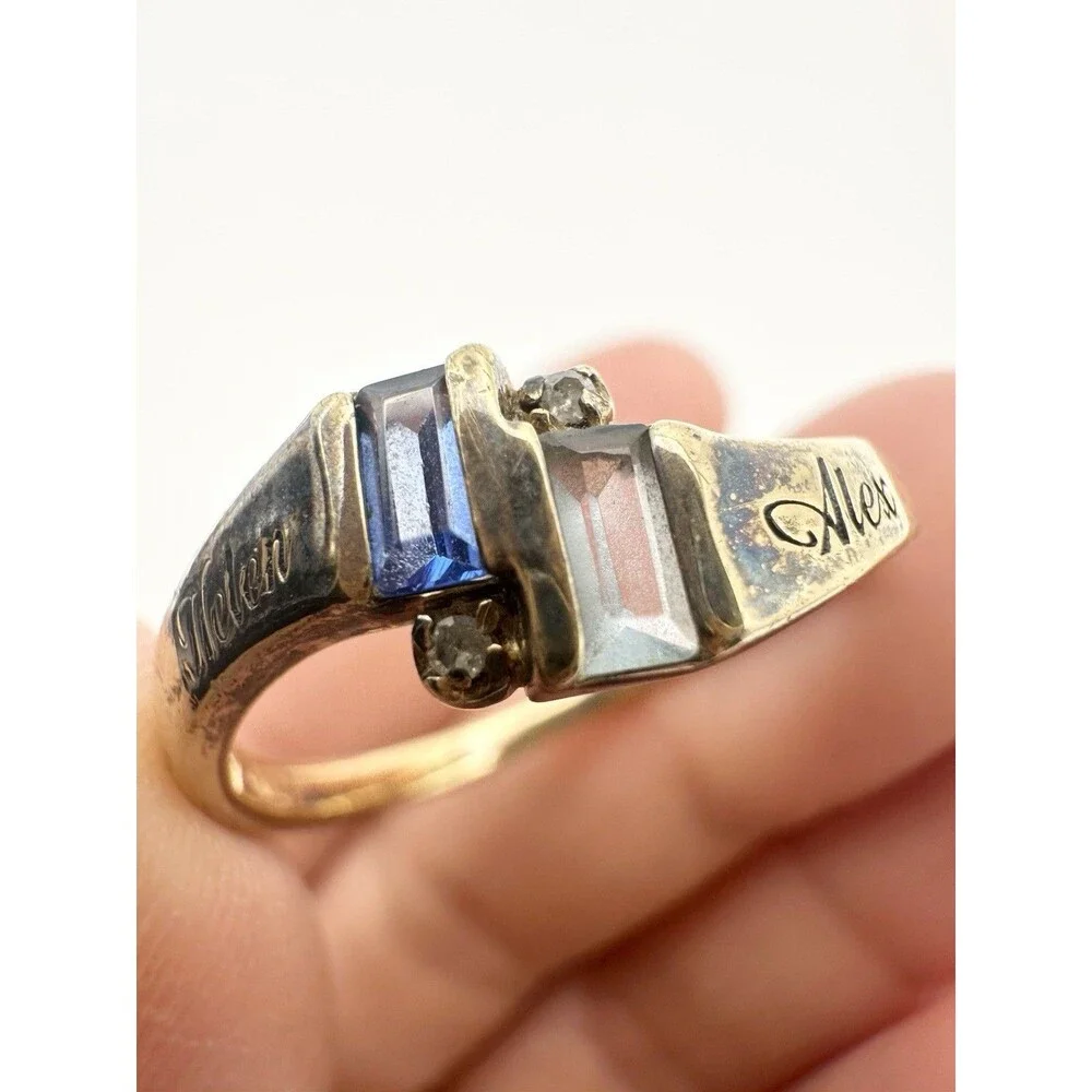 Vintage Sterling Silver Gold Vermeil Engraved Genuine Diamond Blue Stone Ring